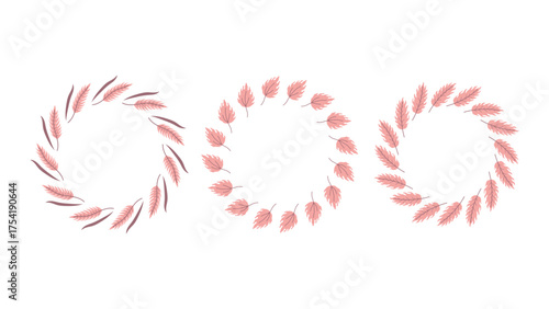 Pink Hairawn Muhly Wreath Set. Muhlenbergia circle frames with hand drawn flowers branches sprigs twigs leaves. Romantic round borders collection for greeting card and invitation. Vector illustration
