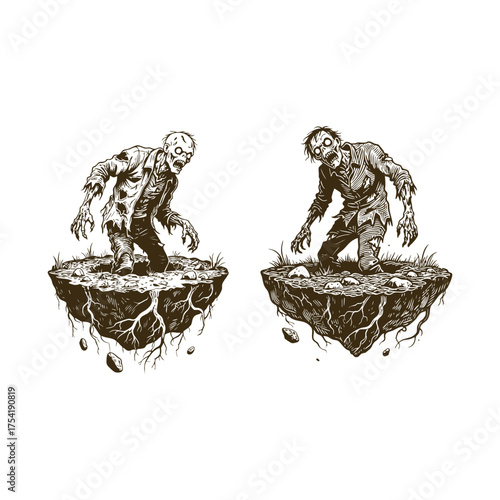 dark vector illustration of a zombie or ghoul rising from a floating patch of earth