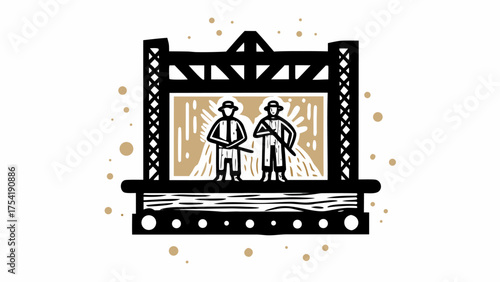 Two armed figures stand on a stage beneath a dramatic structure, evoking performance or historical reenactment