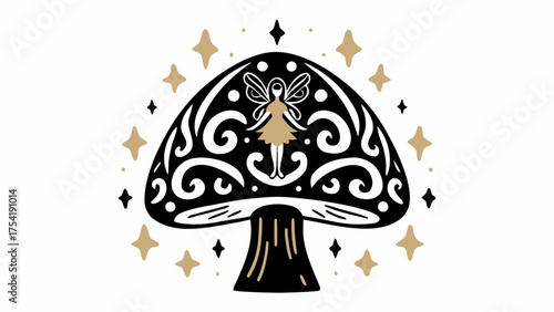 Whimsical fairy perched on ornate mushroom surrounded by magical stars, enchanting fantasy art