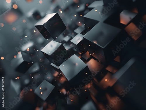 Futuristic 3D abstract cubes create a floating geometric design on a dark digital background