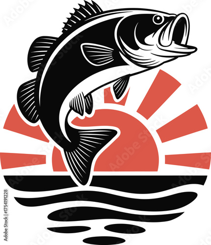 Silhouette of a bass leaping from water at sunrise fishing