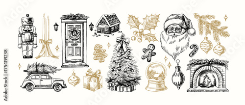 Christmas invitation card with hand drawn holiday elements. Festive mood, elegant vintage design. Vector sketch illustration.