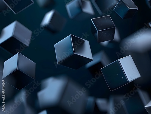 Abstract 3D geometric cubes float in a dark futuristic digital background design