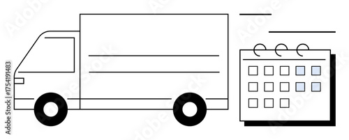Delivery truck moving alongside a calendar, emphasizing transport planning, scheduling, deadlines, and timely shipments. Ideal for logistics, supply chain, e-commerce, shipping planning time