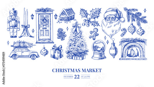 Christmas invitation card with hand drawn holiday elements. Festive mood, elegant vintage design. Vector sketch illustration.