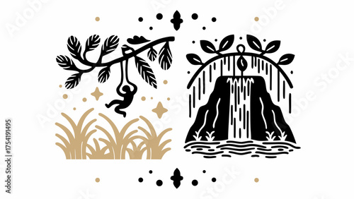 Tropical jungle scene with monkey swinging from tree near waterfall, evoking adventure and nature