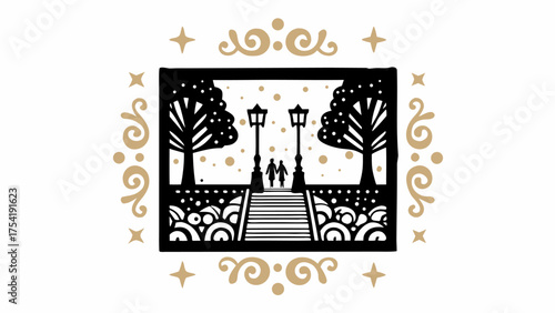 Romantic stroll in the park illustration with elegant flourishes and a vintage aesthetic design element