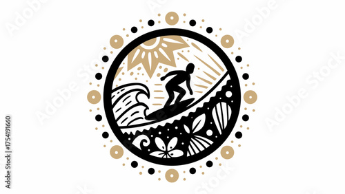 Dynamic surfer riding wave under sunny skies inside stylish circular emblem design for coastal lifestyle brand
