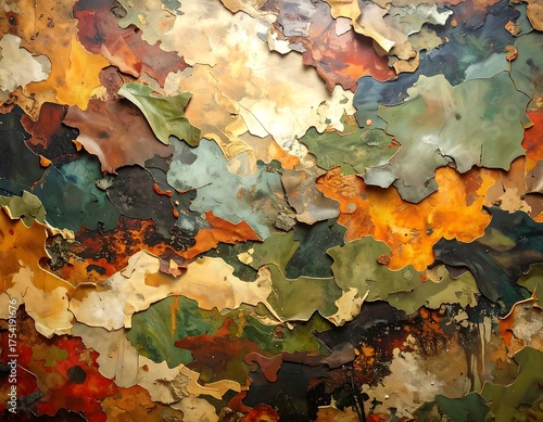 Abstract close-up of layered, textured colors resembling stylized fallen foliage