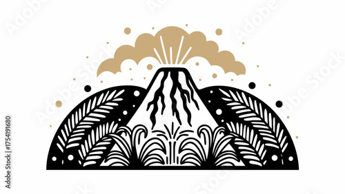 Striking volcano eruption amid lush tropical foliage in a bold, modern composition