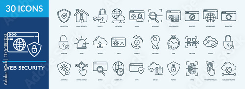 Editable 30 web security icons for web and mobile. Set of web security included icons line server, antivirus, biometric, alert, padlock
