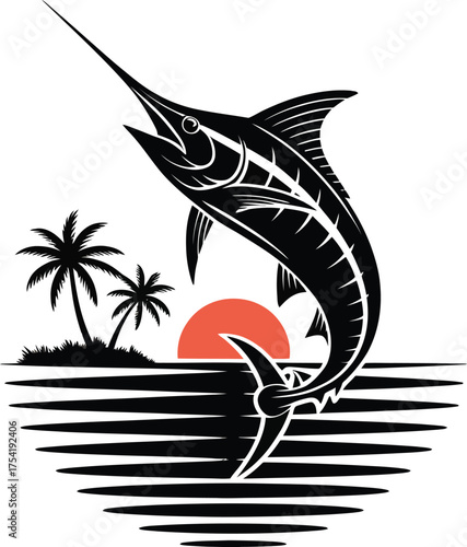 Marlin fish jumping at sunset with palm trees silhouette