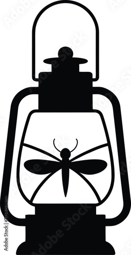 Moth drawn to a vintage kerosene lantern in a striking silhouette style