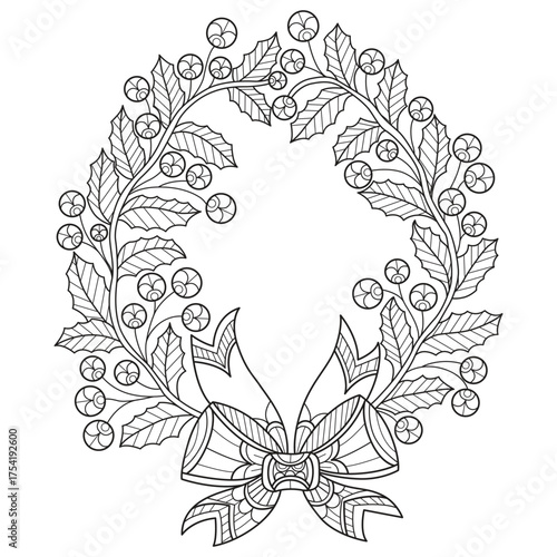 Cute Christmas wreath hand drawn for adult coloring book