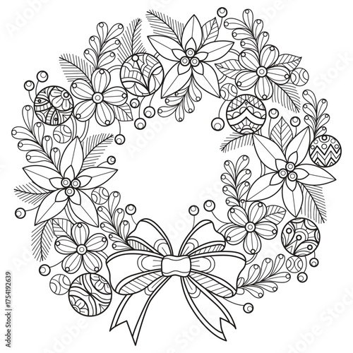 Flowers and Christmas bauble wreath hand drawn for adult coloring book