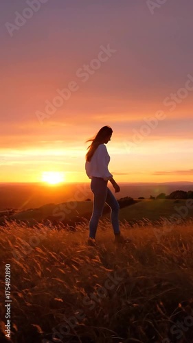 Woman silhouette walking on a hill during scenic sunset landscape