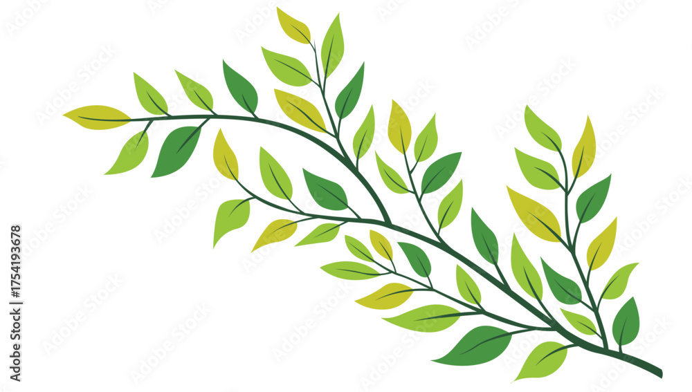 Naklejka premium Elegant green leafy branch illustration with fresh foliage isolated on white background for botanical decoration and eco design projects