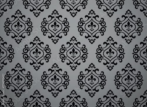 Wallpaper in the style of Baroque. Gray and black floral ornament. Seamless vector background. Graphic pattern for fabric, wallpaper, packaging. Ornate Damask flower illustration