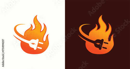 Flaming Plug Logo Set Hot Socket and Power Cable Icons

