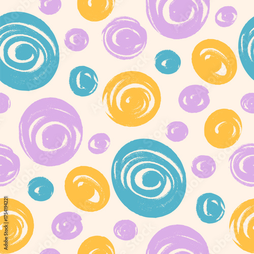 Polka dots multi colors seamless pattern. Crayon kids endless background.Surface pattern design childish motif. Vector hand drawn illustration.