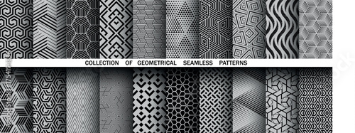 Geometric set of seamless black and gray patterns. Simple vector graphics