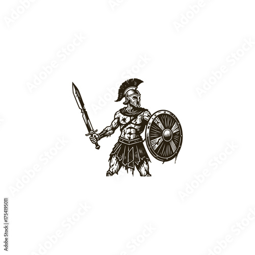 Vintage engraving illustration of a powerful warrior, likely a Spartan or Roman gladiator, wearing a crested helmet and holding a sword and shield in a ready stance