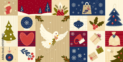 Christmas Background Pattern. Merry Holiday Element tile with Festive Xmas Icon Peaceful Dove with Holly, New Year ball, Tree. Template Horizontal geometric ornament. Vector illustration. Not AI