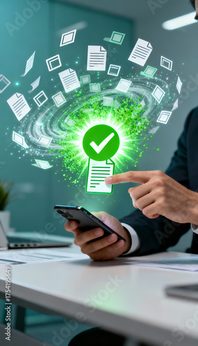 A secure document mobile phone digital approval green check data cloud business office workflow file transfer encryption validation
