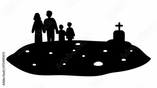 Family visits loved one's grave, remembering and honoring their memory with love and togetherness