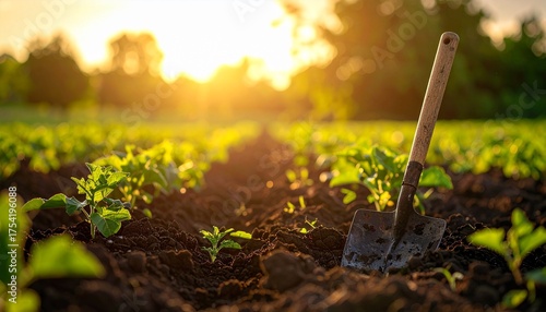 Close-up of a gardening hoe in dark fertile soil with young green sprouts illuminated by warm sunset light
