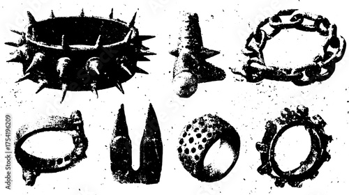 Jewelry rings and bracelets with spikes and chains. Dark metal designs in a stylish vector illustration set.