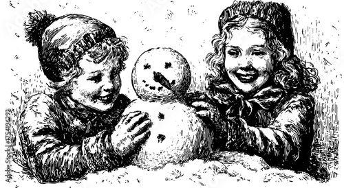 Children with a snowman in a vintage outline drawing. This black and white vector illustration captures a joyful winter scene in a nostalgic style.