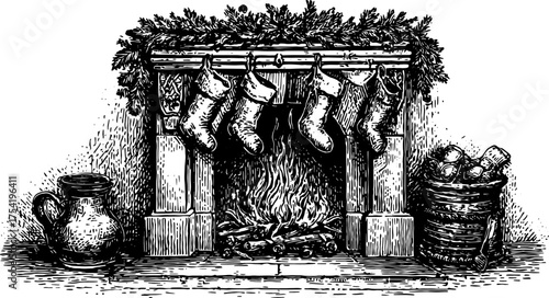 Vintage fireplace illustration featuring decorated stockings on a wooden mantel. Black and white vector illustration with a cozy holiday feel.