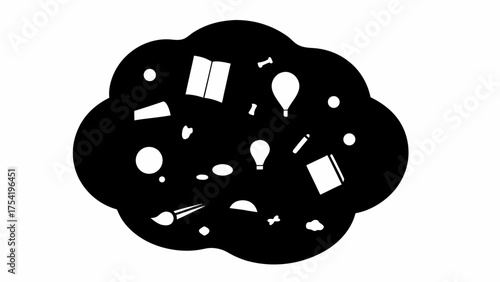 Cloud of creative inspiration featuring books, lights, brushes and geometric shapes design