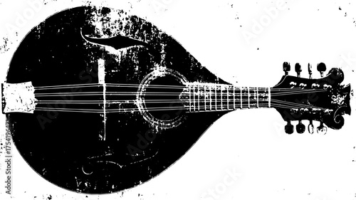 Mandolin instrument silhouette in a vintage style. Black and white vector illustration with a textured background, suitable for music-related projects.