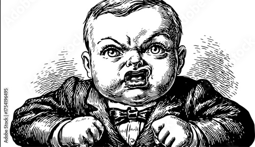 Angry baby in antique engraving style. Hand-drawn line illustration features a vintage outline and black stipple print, creating expressive detail in a vector format.