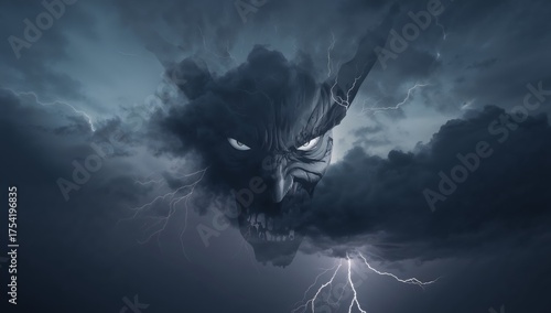 Stormy Visage. An Ominous Face Amidst Electrical Fury and Dark Clouds.
