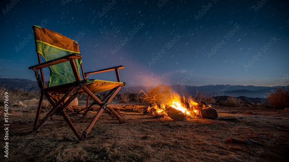 Fototapeta premium Camping chair by campfire at night