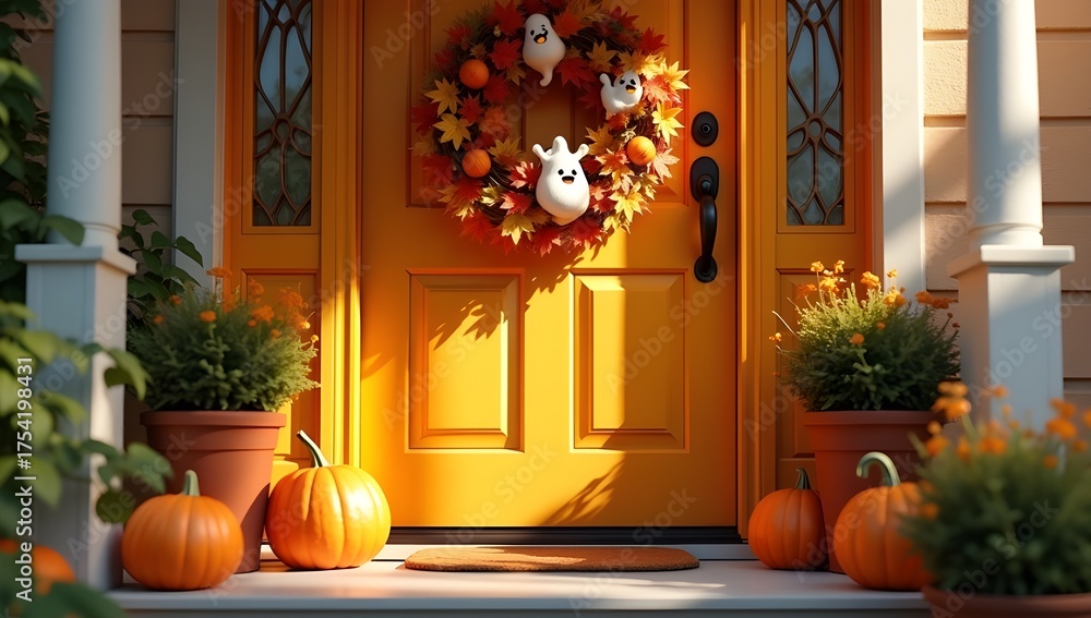 Obraz premium Cozy Halloween Porch with Pumpkins and Lights 