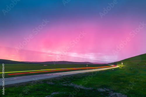 The sunset glow over the Morin Gol River Valley in the Hulun Buir Grassland, Inner Mongolia, China.