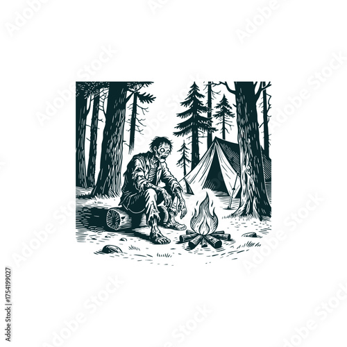 Vintage engraving illustration of a skeleton or zombie character sitting by a campfire at a campsite in the woods, with a tent and pine trees in the background