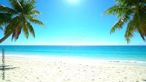 Tropical beach scene with palm trees and turquoise water under bright sky