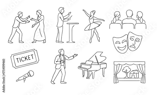 Line art theatre set with actors, curtain, ballet dancer, pianist, masks, ticket and microphone. Minimal theatre illustration in black and white for culture, performance, concert and stage art