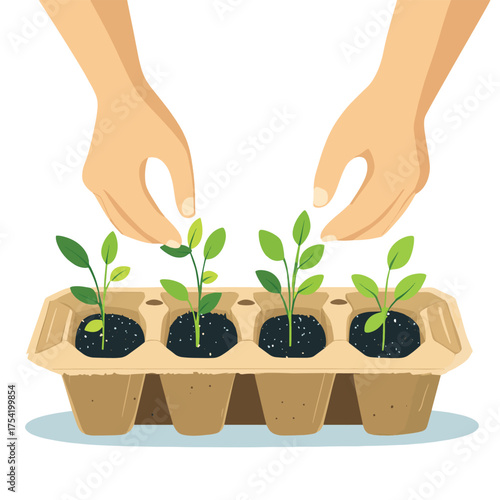 A person is planting small seedlings in cardboard egg cartons. , vector style simple color
