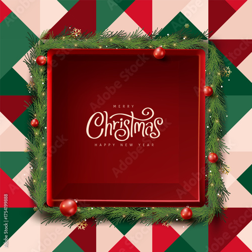 Merry Christmas banner templates with red gift box on colorful backgrounds and copy space for product display and festive marketing