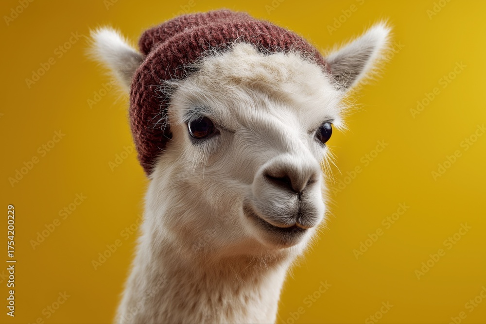 Obraz premium Adorable alpaca wearing knitted hat against yellow background