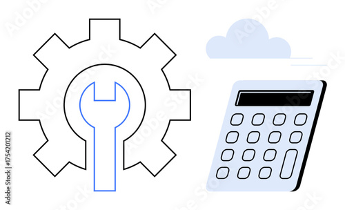 Gear and wrench indicating tools, calculator suggesting calculations or finance, cloud symbolizing technology. Ideal for concepts thumbs up automation, productivity, tech, finance, tools, innovation