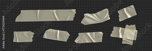 Sticker tape patch collection with beige adhesive strips and wrinkled texture for scrapbook design. Paper pieces or masking elements on transparent background. Craft supplies set with torn edges.