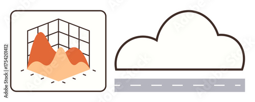 3D graph with peaks in orange over grid beside a cloud and road. Ideal for analytics, networking, cloud computing, data visualization, innovation, technology, forecasting. Simple flat metaphor